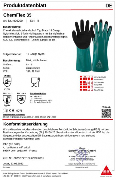 HASE 905200 ChemFlex 35 Chemikalienschutzhandschuh